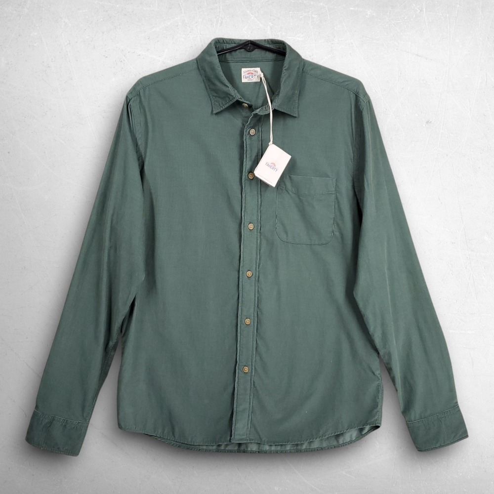 Faherty Corduroy Button Down Shirt Men L Green Long Sleeve Coastal Workwear Surf
